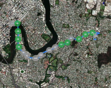 ATLAS trip map showing GPS activity points classified along a Brisbane route